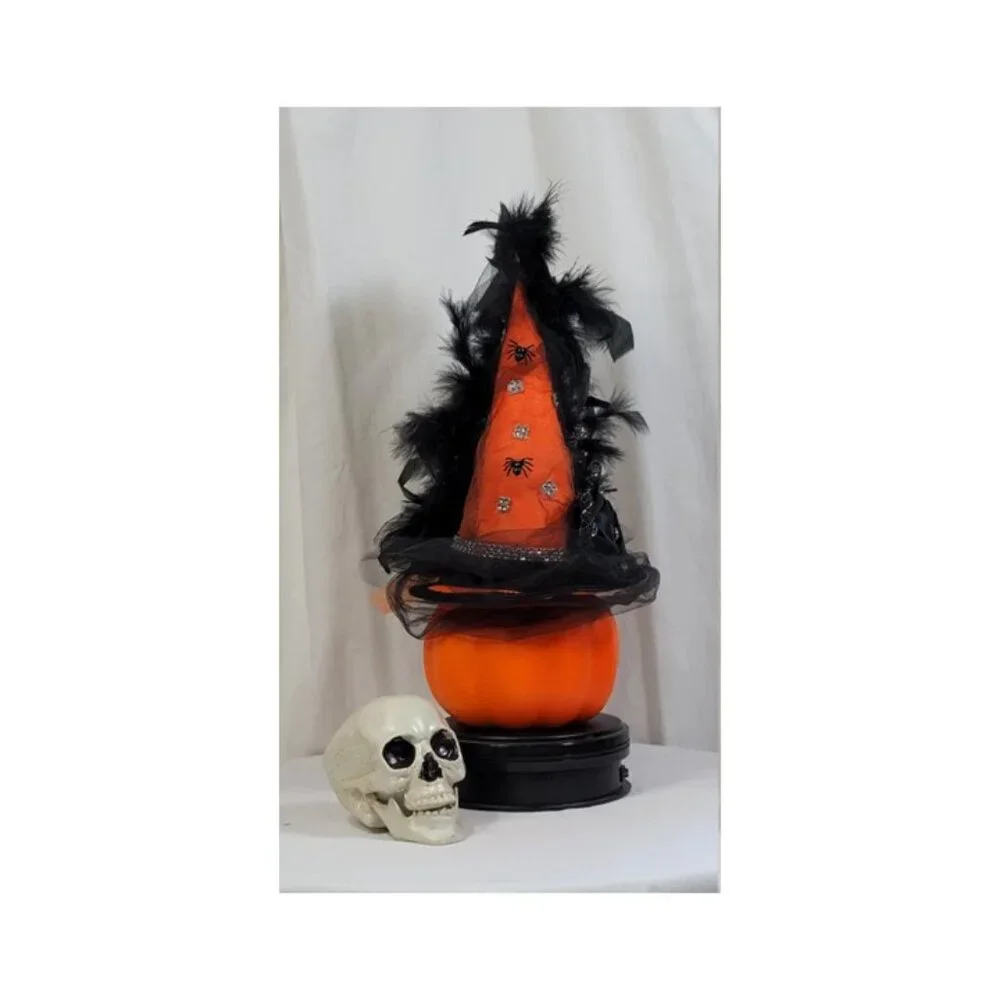 Fancy Witch Hat Fascinator - Orange Hat w/Tulle & Black Feathers - Halloween Hat
